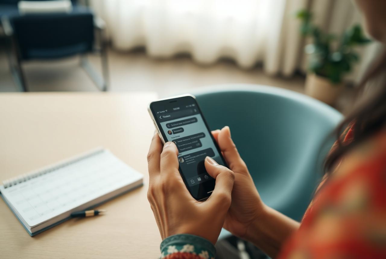 Customer sending an appointment request on her phone in a clinic waiting area