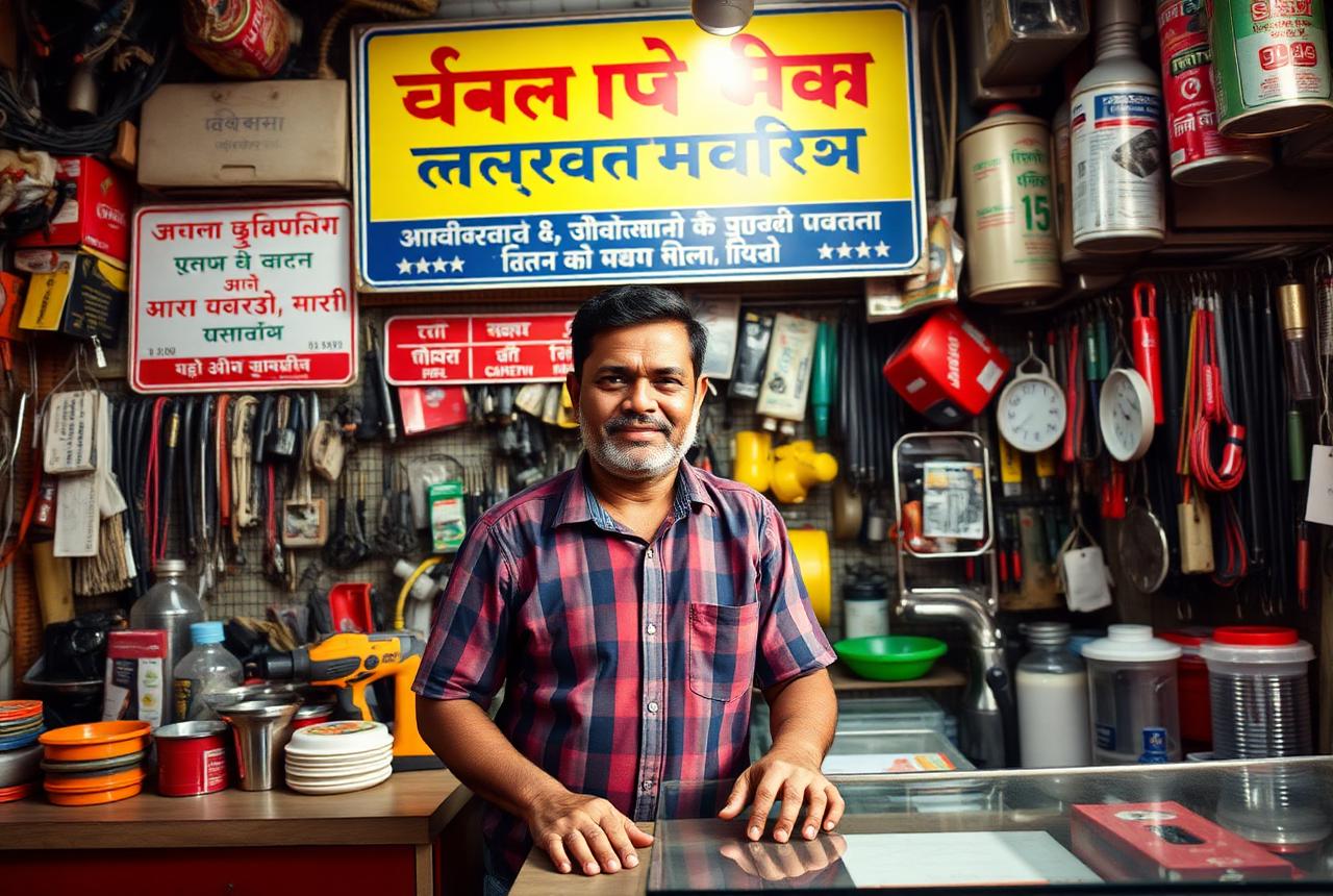 Shop owner behind the counter of his hardware store in a West Bengal town