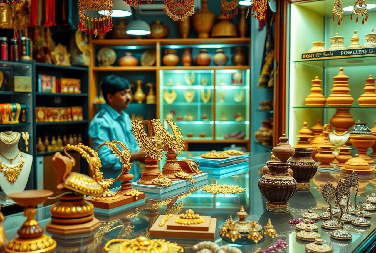 Jewellery and terracotta craft display counter in a Bengali gift shop