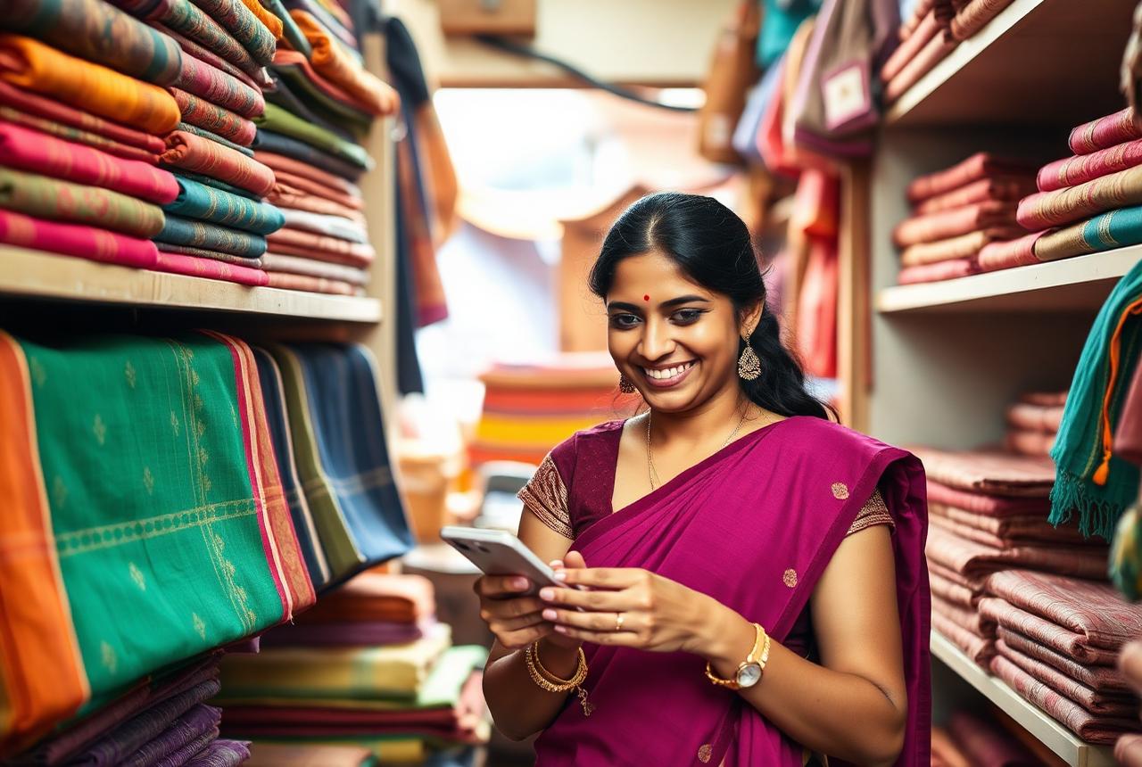 Boutique owner checking enquiries on her phone among handloom sarees