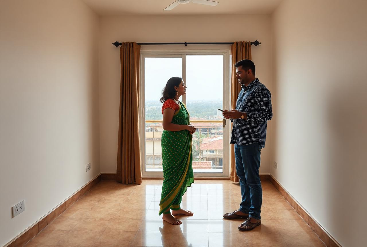 Property broker showing a newly built flat to a couple