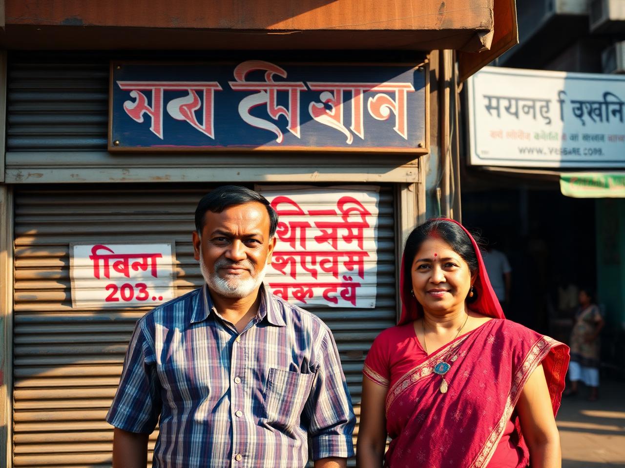 Bengali shop-owner couple standing outside their family business in a West Bengal market street